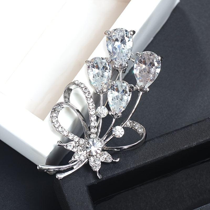 Rhinestone Flower Brooch Pin Zircon Crystal Silvery Plated 1pc