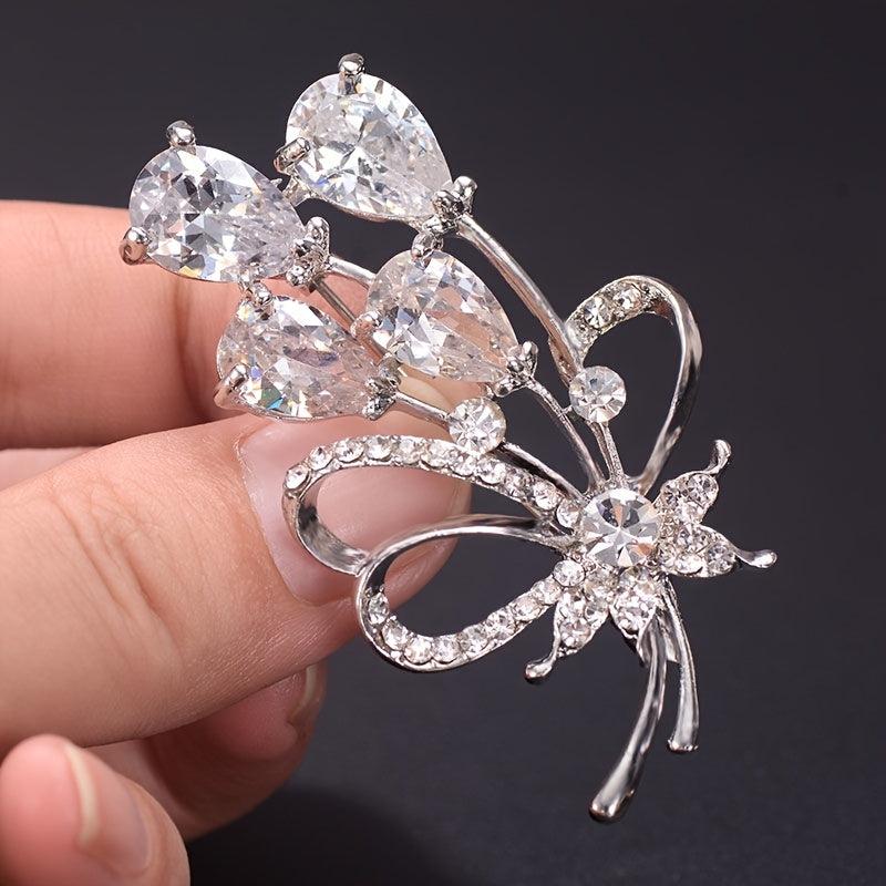 Rhinestone Flower Brooch Pin Zircon Crystal Silvery Plated 1pc