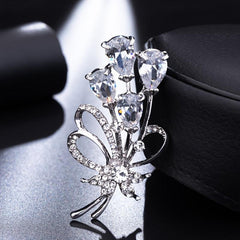 Rhinestone Flower Brooch Pin Zircon Crystal Silvery Plated 1pc