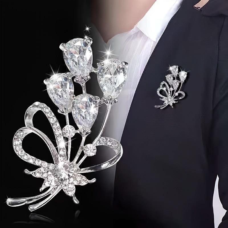 Rhinestone Flower Brooch Pin Zircon Crystal Silvery Plated 1pc
