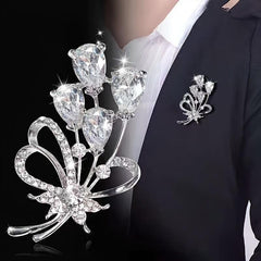 Rhinestone Flower Brooch Pin Zircon Crystal Silvery Plated 1pc