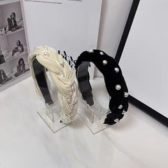 Non Slip Faux Pearl Hairband Twist Wide Velvet Solid Headband