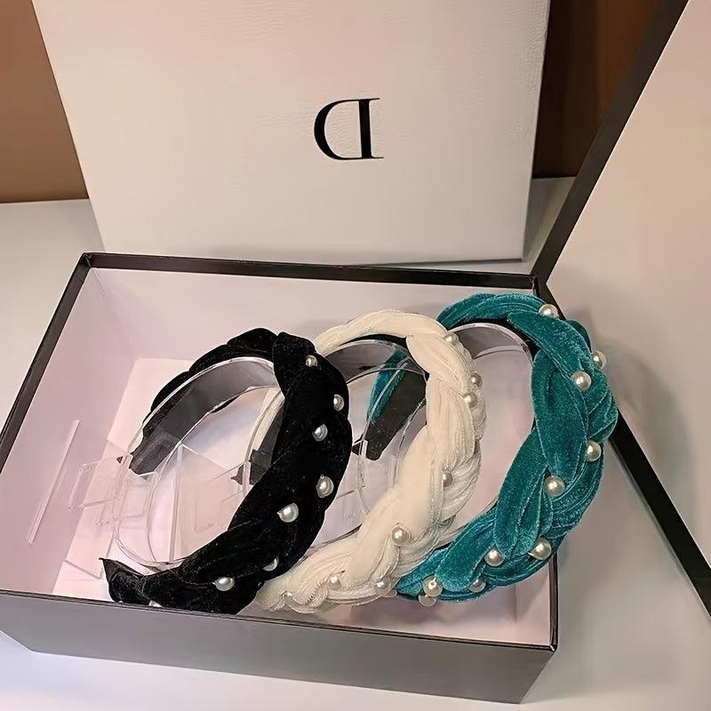 Non Slip Faux Pearl Hairband Twist Wide Velvet Solid Headband