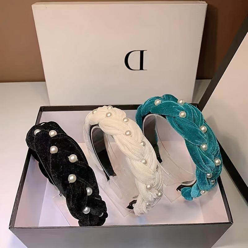 Non Slip Faux Pearl Hairband Twist Wide Velvet Solid Headband