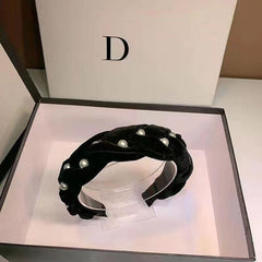 Non Slip Faux Pearl Hairband Twist Wide Velvet Solid Headband