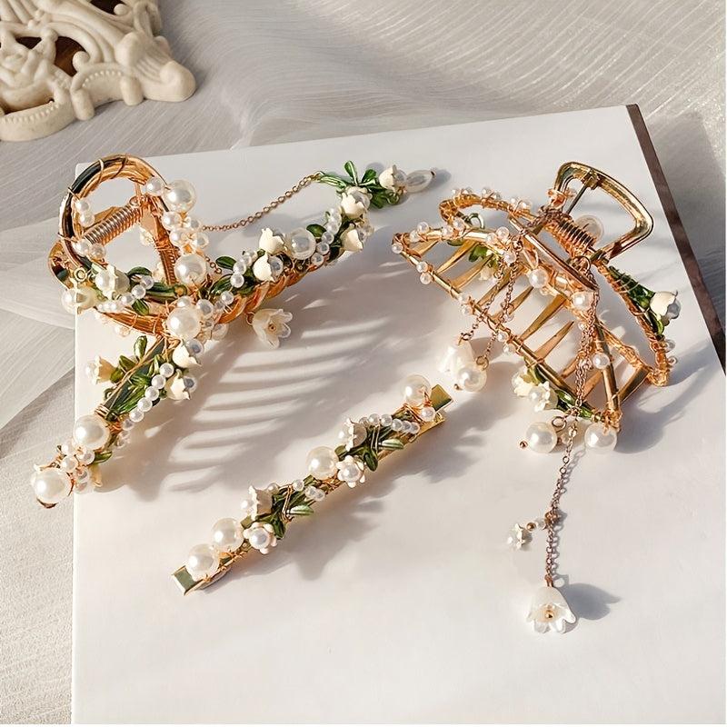 Vintage Lily Orchid Hair Claw Clip Golden Barrette Hair Accessories