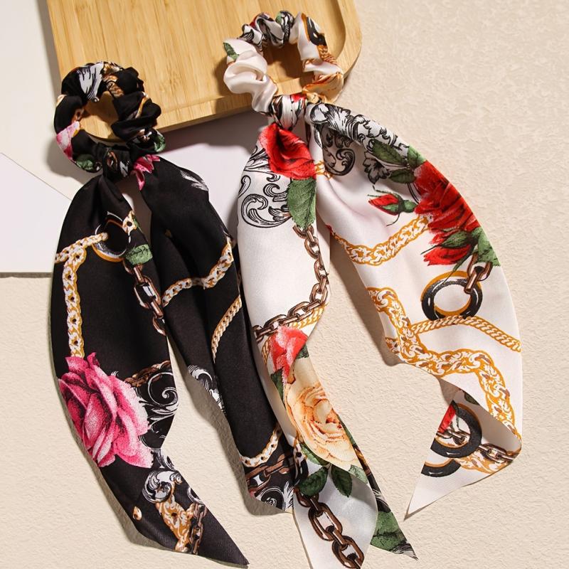 3pcs Retro Flower Bowknot Hair Scarf Scrunchies Elastic Hair Tie Ponytail Holder