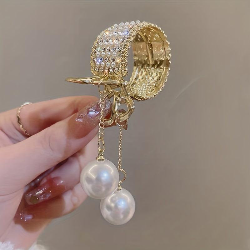 Y2K Rhinestone Faux Pearl Hair Clip Golden Metal Hair Accessory