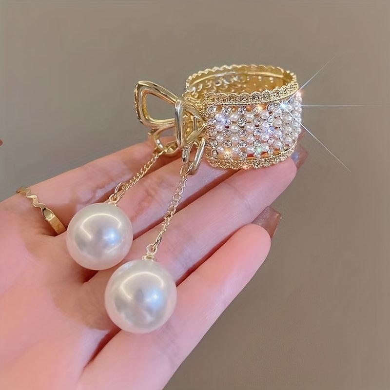 Y2K Rhinestone Faux Pearl Hair Clip Golden Metal Hair Accessory