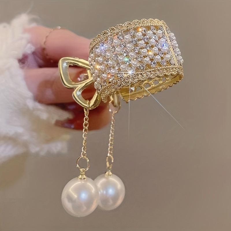Y2K Rhinestone Faux Pearl Hair Clip Golden Metal Hair Accessory