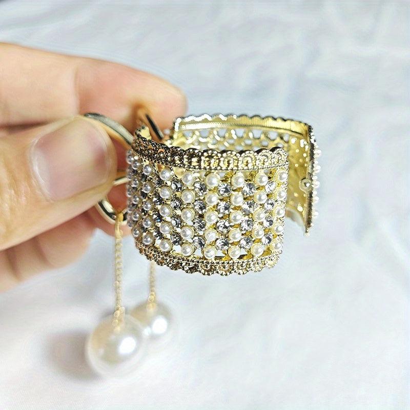 Y2K Rhinestone Faux Pearl Hair Clip Golden Metal Hair Accessory