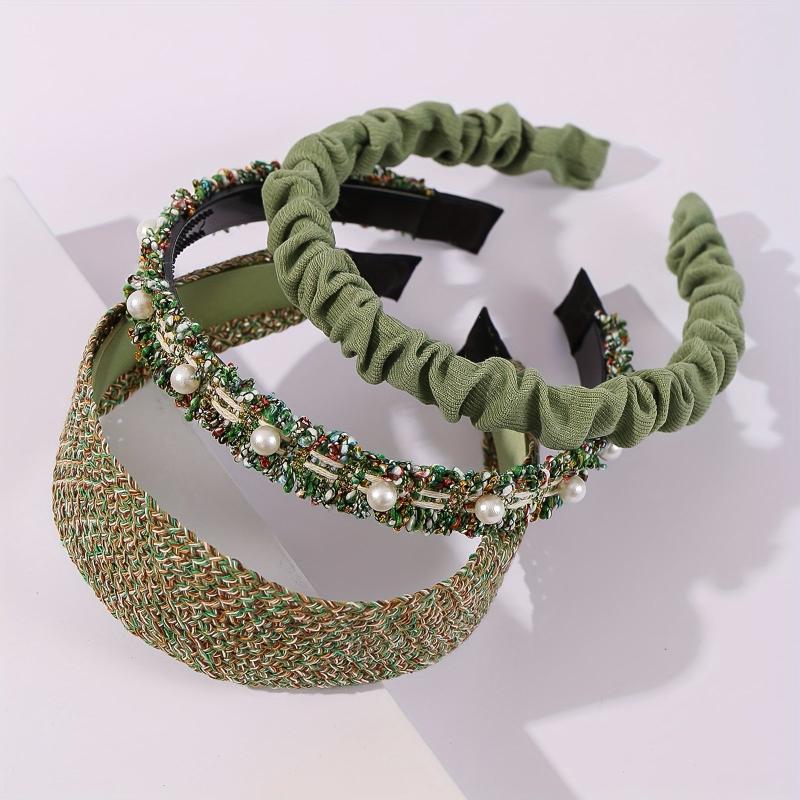 3pcs Green Headband Faux Pearl Headdress Women Girls Hair Band