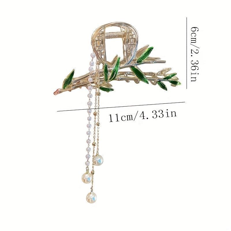 Bamboo Hair Claw with Tassel Pearl Metal Holder