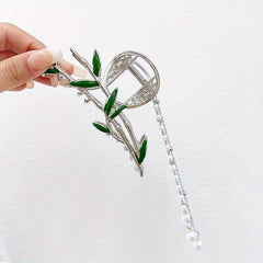 Bamboo Hair Claw with Tassel Pearl Metal Holder