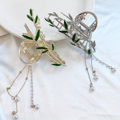 Bamboo Hair Claw with Tassel Pearl Metal Holder