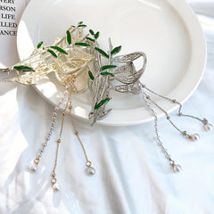 Bamboo Hair Claw with Tassel Pearl Metal Holder