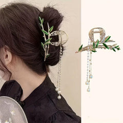 Bamboo Hair Claw with Tassel Pearl Metal Holder