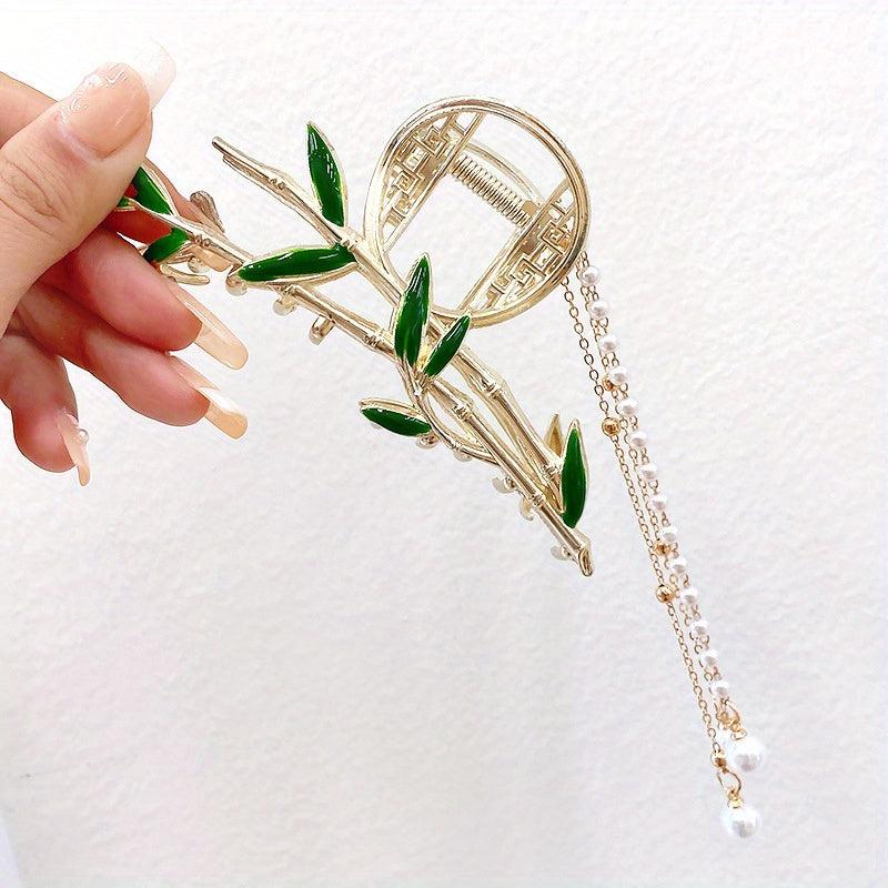 Bamboo Hair Claw with Tassel Pearl Metal Holder