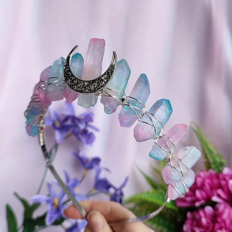 Titanium Quartz Crystal Crown Silver Headband Pink Tiara