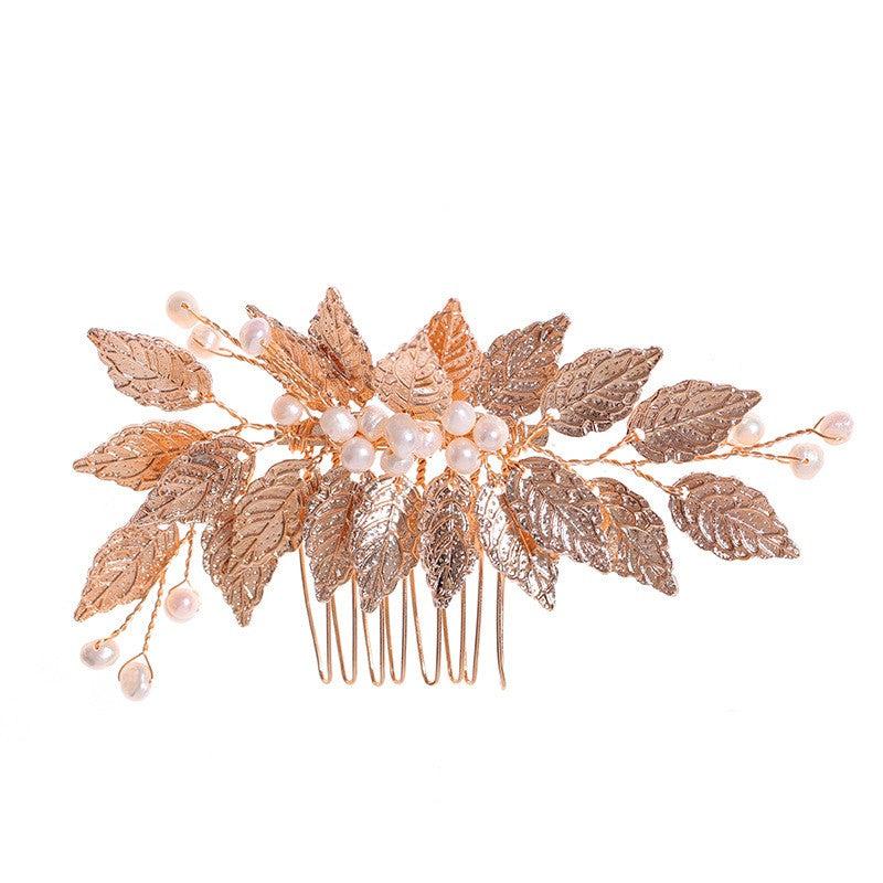 Golden Leaf Hair Comb Headdress with Pearl