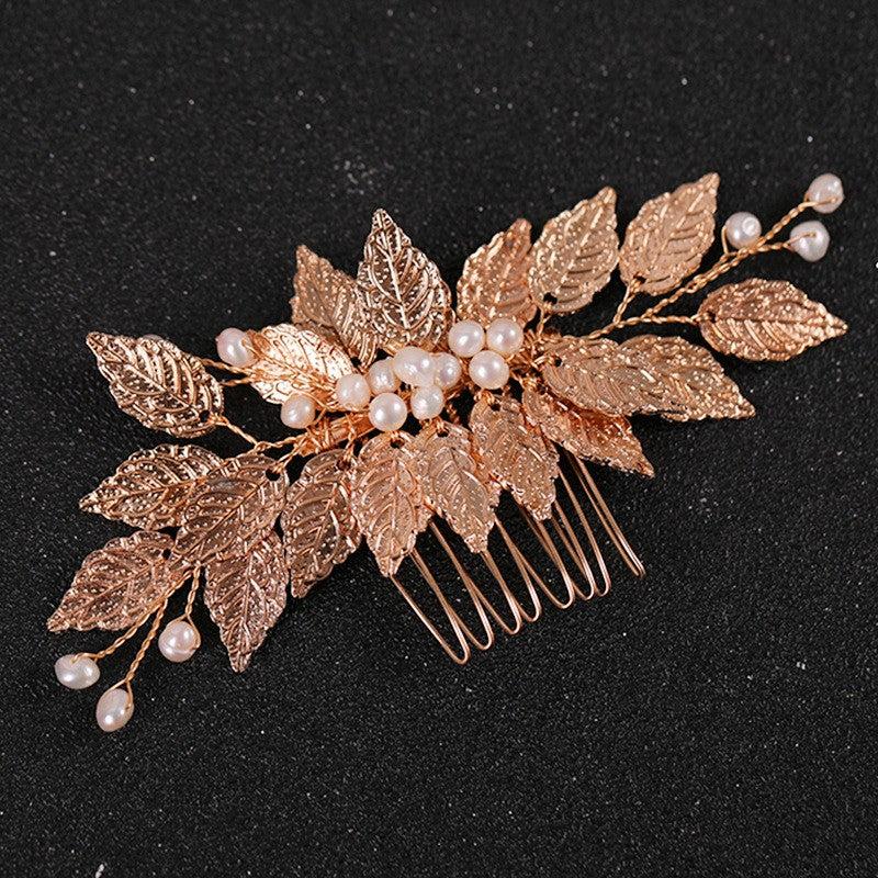 Golden Leaf Hair Comb Headdress with Pearl