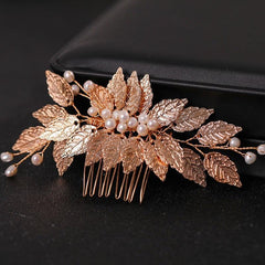 Golden Leaf Hair Comb Headdress with Pearl