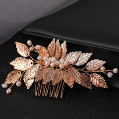 Golden Leaf Hair Comb Headdress with Pearl