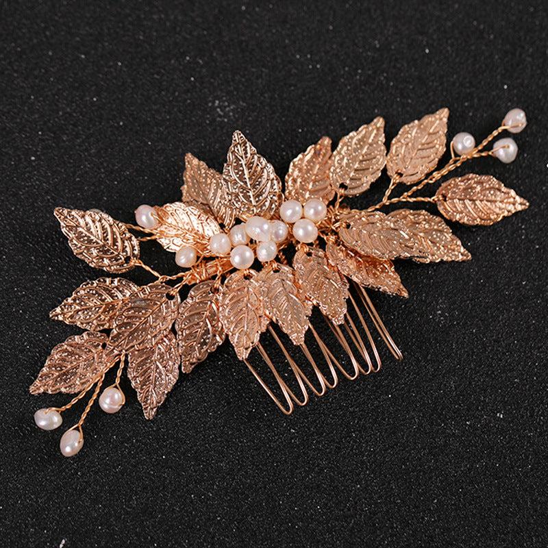 Golden Leaf Hair Comb Headdress with Pearl