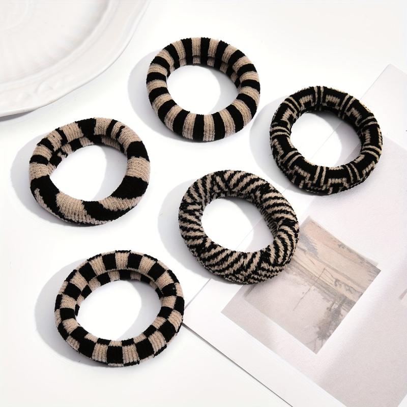 5pcs Plaid Hair Tie Elastic Wide Hair Ring Ponytail Holder