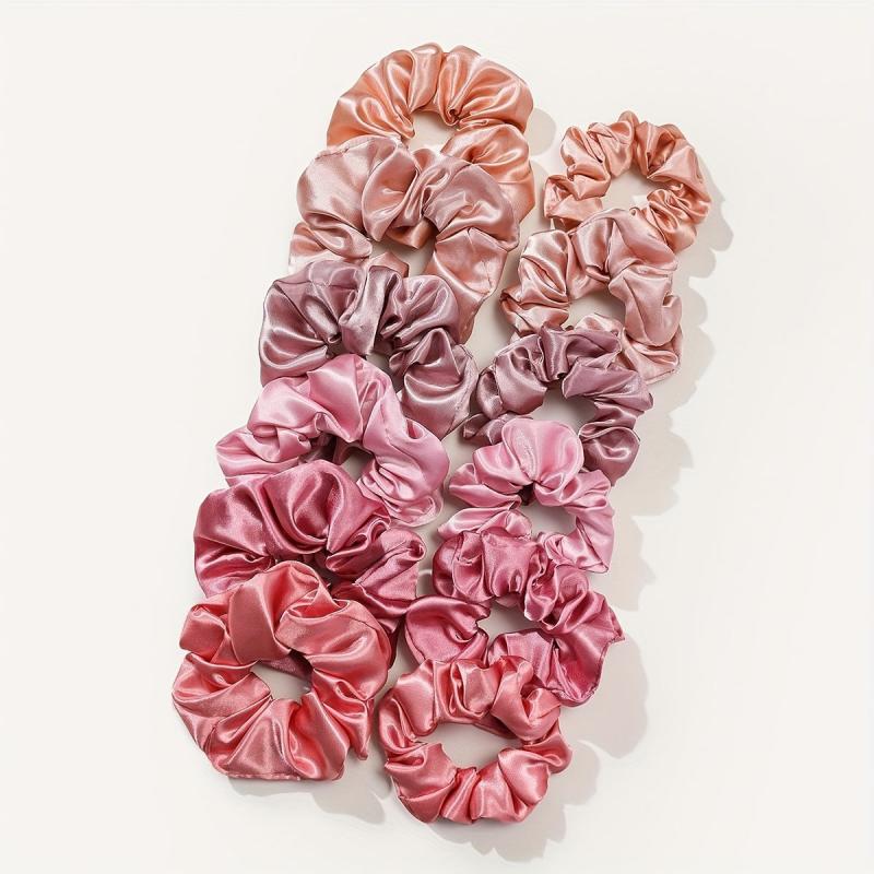 12pcs Pink Satin Scrunchie Hair Tie For Women