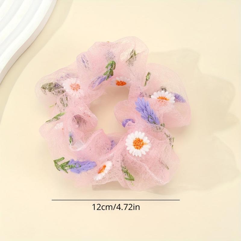 Flower Embroidery Hair Scrunchies Tulle Pink Ponytail Holders Hair Accessories