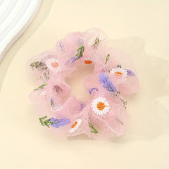 Flower Embroidery Hair Scrunchies Tulle Pink Ponytail Holders Hair Accessories