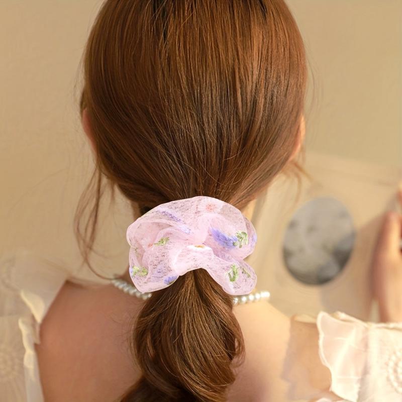 Flower Embroidery Hair Scrunchies Tulle Pink Ponytail Holders Hair Accessories