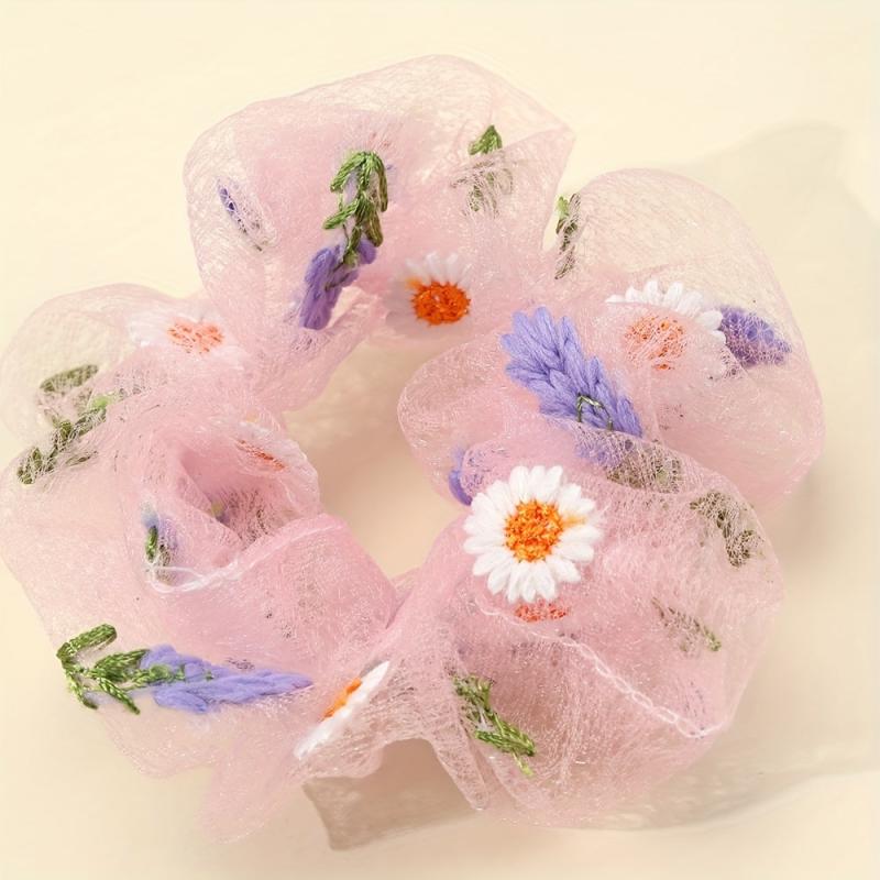 Flower Embroidery Hair Scrunchies Tulle Pink Ponytail Holders Hair Accessories