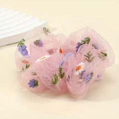 Flower Embroidery Hair Scrunchies Tulle Pink Ponytail Holders Hair Accessories