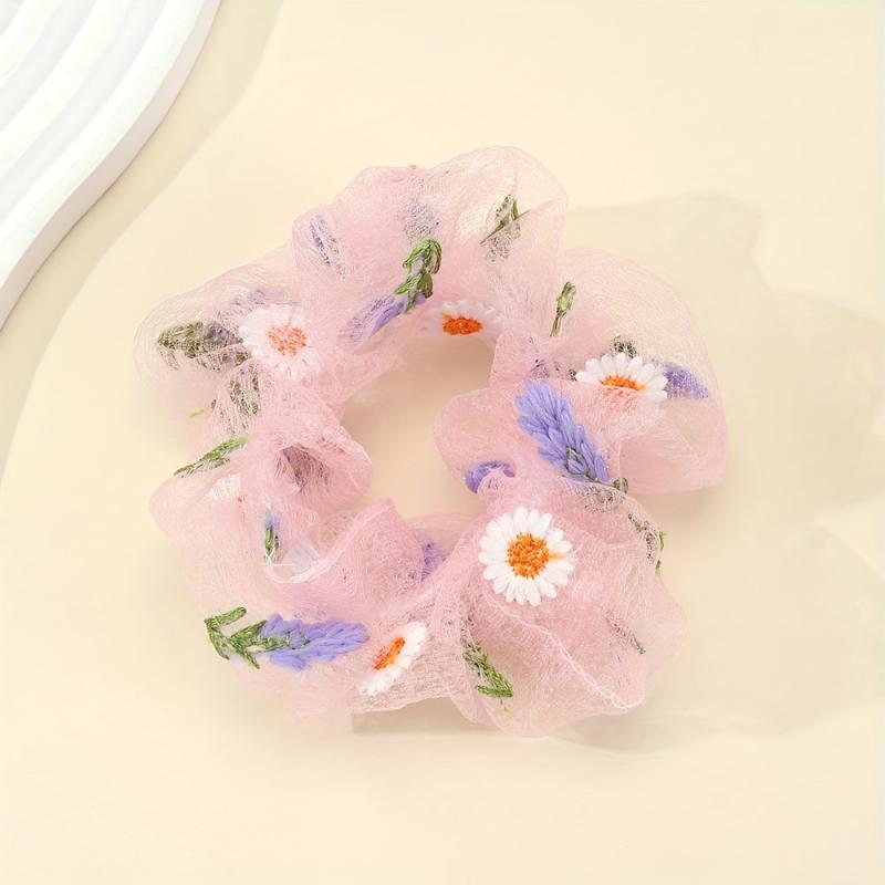 Flower Embroidery Hair Scrunchies Tulle Pink Ponytail Holders Hair Accessories