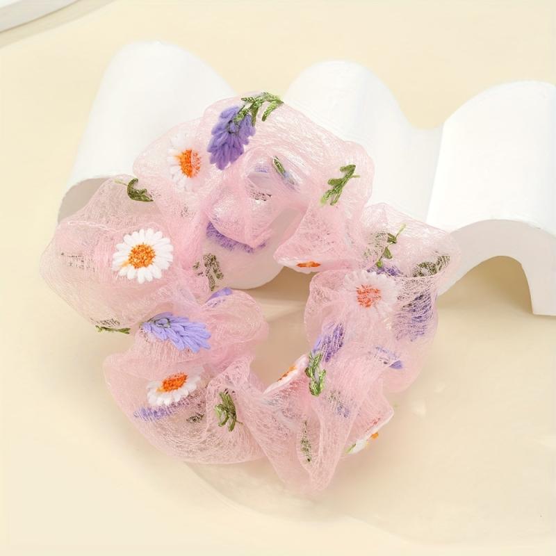 Flower Embroidery Hair Scrunchies Tulle Pink Ponytail Holders Hair Accessories