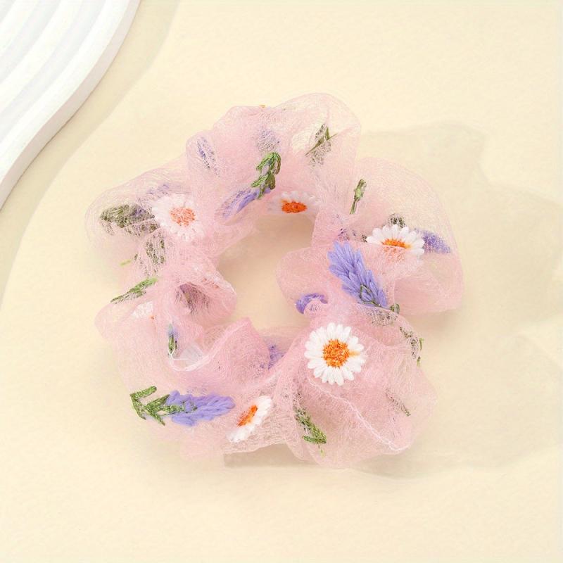 Flower Embroidery Hair Scrunchies Tulle Pink Ponytail Holders Hair Accessories