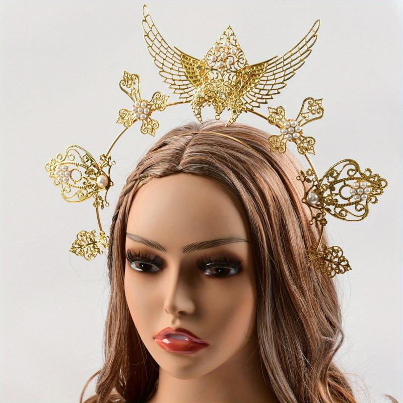 Goddess Crown Tiara Faux Pearl Metal Golden Crown Headband Hairband