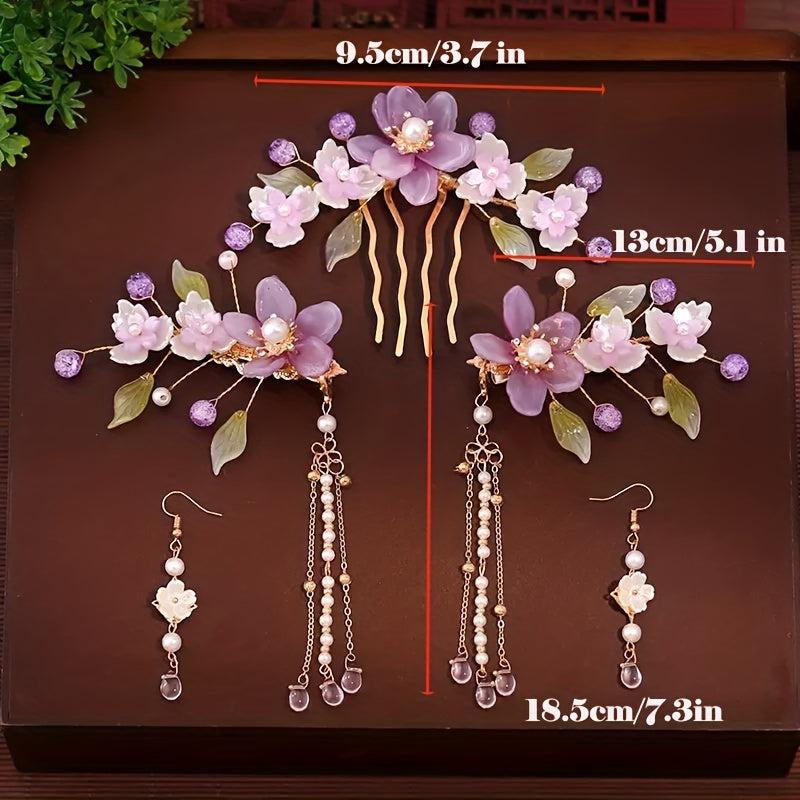 Chinese Style Retro Head Piece Set Floral Hair Comb Earrings Hair Clips