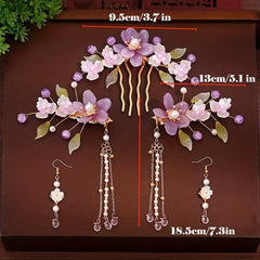 Chinese Style Retro Head Piece Set Floral Hair Comb Earrings Hair Clips