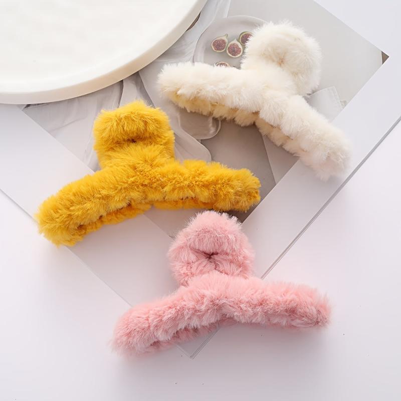3pcs Women Hair Claw Plush Clip Fall Winter Solid Acrylic Furry Accessories