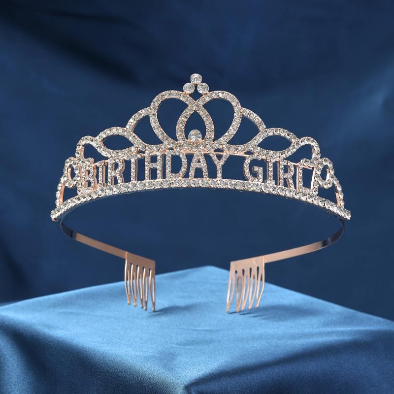 Rose Gold Rhinestone Tiara Headband Birthday Crown for Women Girls