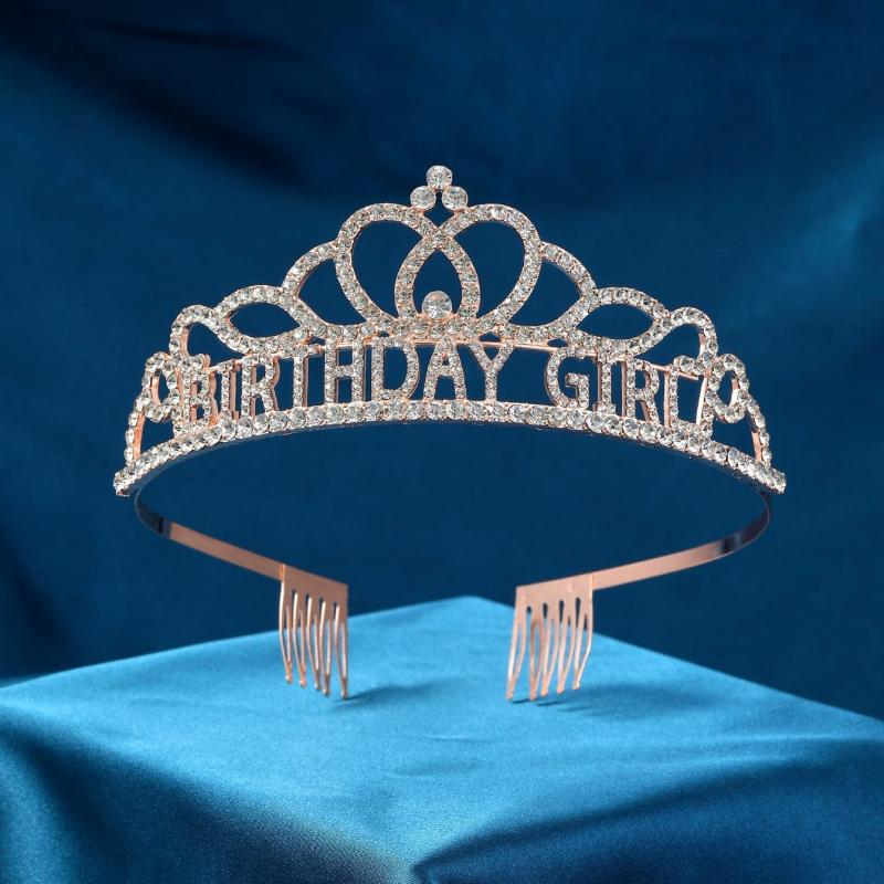Rose Gold Rhinestone Tiara Headband Birthday Crown for Women Girls