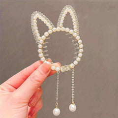 Crystal Banana Hair Clip With Faux Pearl Tassel Ponytail Bun Holder