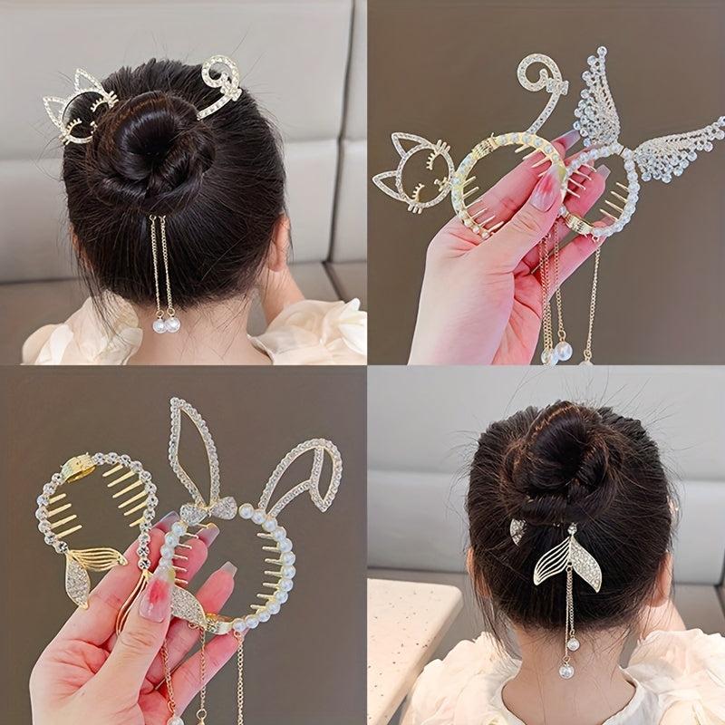 Crystal Banana Hair Clip With Faux Pearl Tassel Ponytail Bun Holder