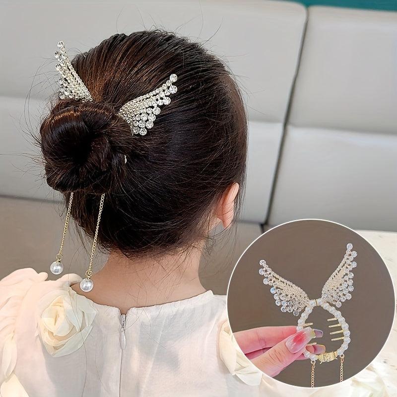 Crystal Banana Hair Clip With Faux Pearl Tassel Ponytail Bun Holder