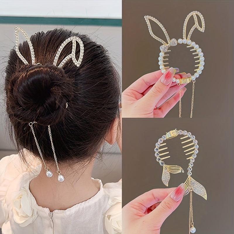 Crystal Banana Hair Clip With Faux Pearl Tassel Ponytail Bun Holder