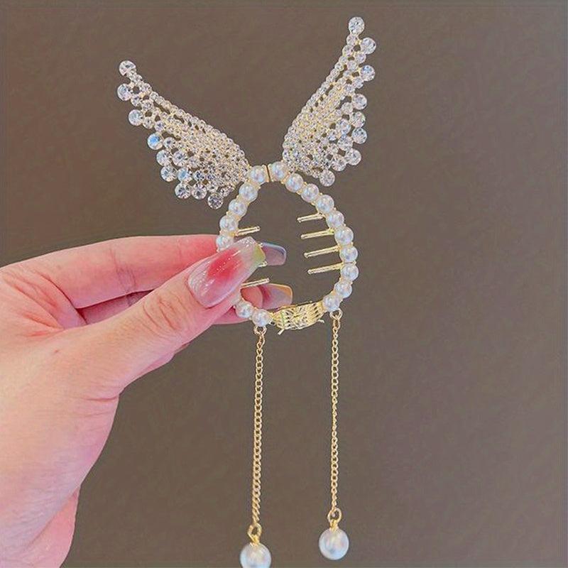 Crystal Banana Hair Clip With Faux Pearl Tassel Ponytail Bun Holder
