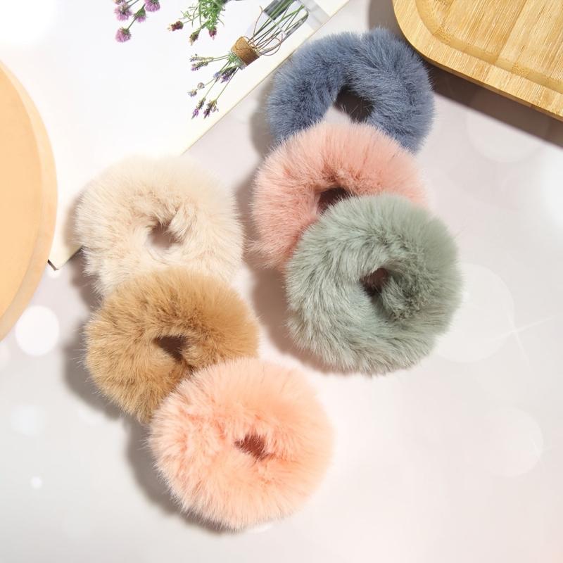 6pcs Furry Elastic Rabbit Hair Scrunchies Pompom Ponytail Holder Hair Bands Ties
